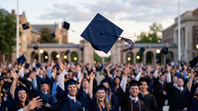 Triumphant graduates toss caps in celebration