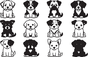 Fototapeta premium Cute puppy dog icons set in black and white style