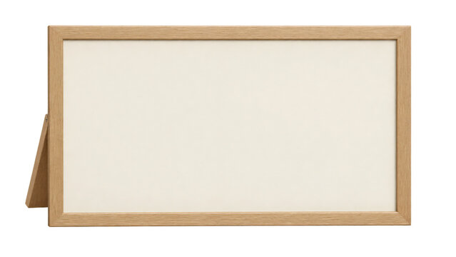 Blank landscape oriented wooden picture frame with a rear support stand, shown from the front with an empty cream insert and ample copy space on a transparent background.