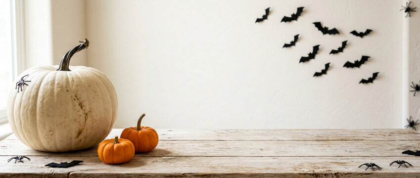 Halloween decor: white pumpkin, small pumpkins, bats and spiders on wooden surface