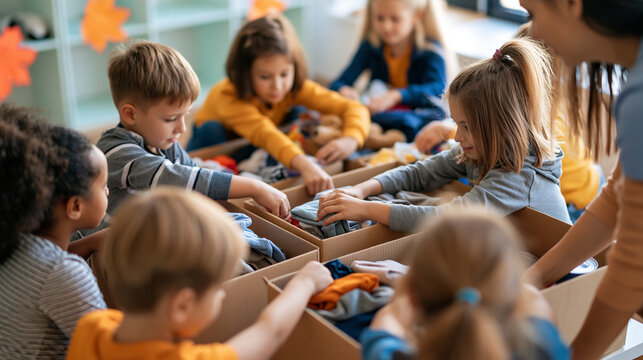 Elevated rear view of a mixed group of schoolchildren packing charity boxes with folded clothes and toys beside a separate food collection box framing centered on small hands and