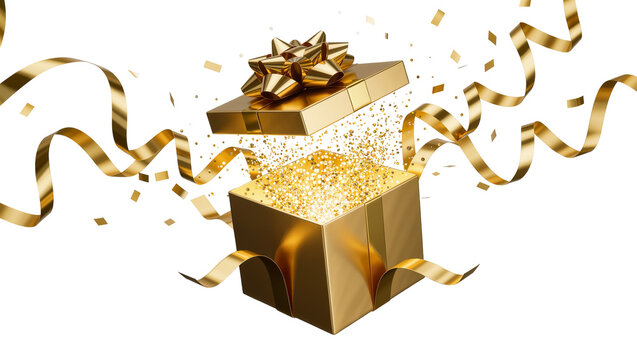 Golden gift box with ribbon and confetti, isolated on transparent background