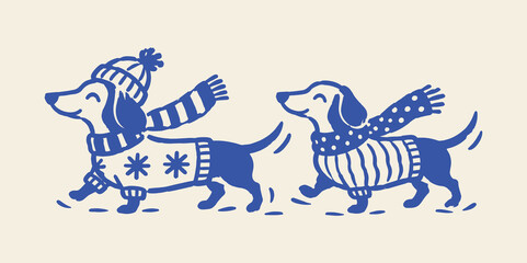 Obraz premium Two Dachshunds in Winter Clothes Hand Drawn Illustration