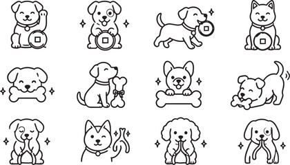 Fototapeta premium Cute Puppy Icon Set With Chinese Coins And Bones
