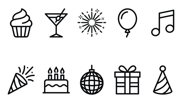 Minimalist black outline party celebration icons set representing birthday events anniversary holidays and nightlife entertainment elements