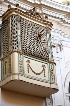 Ragusa Ibla, Sicily 01.03.2020: Enclosure grilles positioned high up on the walls of the Church of San Giuseppe in Ragusa Ibla.