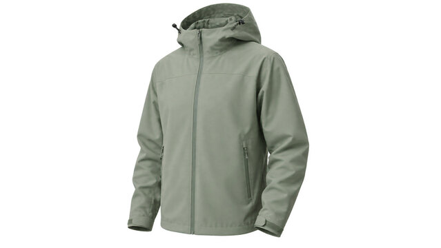 Sage green hooded softshell jacket shown from the front, featuring a full length zipper, high collar, adjustable hood cords, zip pockets, and hook and loop cuffs.