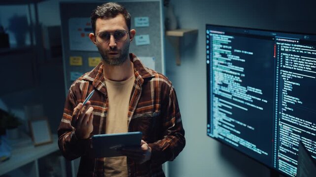 Confident Caucasian male engineer presents software strategy during late night work in office. Experienced tech consultant expertise, Innovative startup leader, Professional online conference concept.