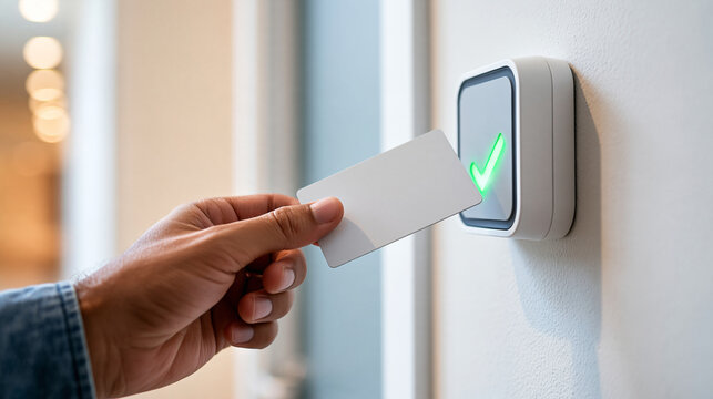Close side view of a contactless access card approaching a reader in a medical facility cropped hand holding the plain card beside a compact wall panel with a green confirmation