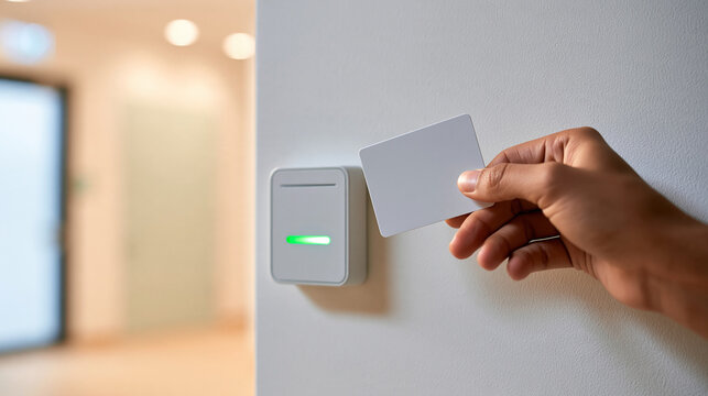 Close side view of a contactless access card approaching a reader in a medical facility cropped hand holding the plain card beside a compact wall panel with a green confirmation
