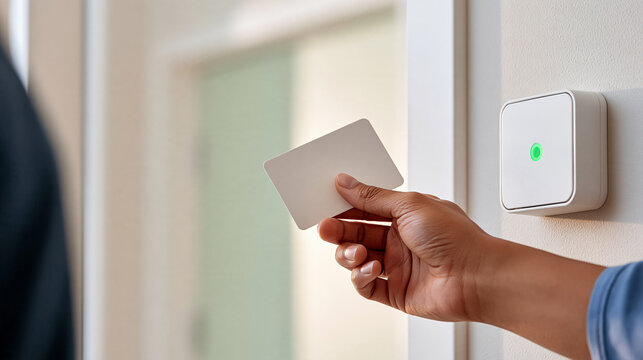 Close side view of a contactless access card approaching a reader in a medical facility cropped hand holding the plain card beside a compact wall panel with a green confirmation