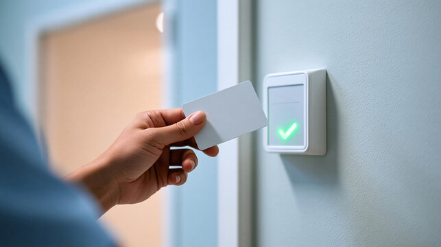Close side view of a contactless access card approaching a reader in a medical facility cropped hand holding the plain card beside a compact wall panel with a green confirmation