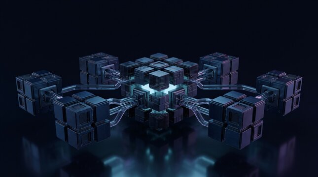 Decentralized cloud network artificial intelligence server data cluster with multi direction optical glass conduits and modular computing nodes on dark reflective cyber technology background