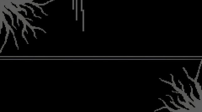 Minimalist pixel art frame with tree branches and horizontal line on black background