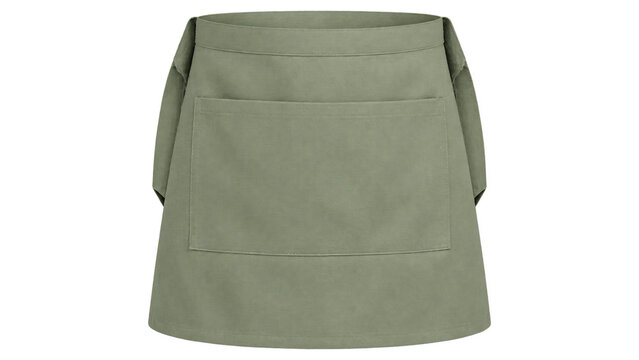 Olive green waist apron with a wide rectangular front pocket, stitched waistband, and long side ties. Front-facing isolated garment view shows textured fabric and clean tailoring.