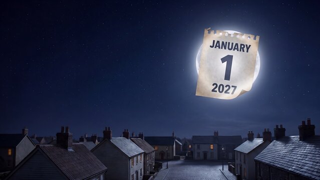 Calendar page January 1 2027 glowing like full moon over quiet village rooftops at night, creative new year concept photo for greeting card, holiday banner, planner design and social media