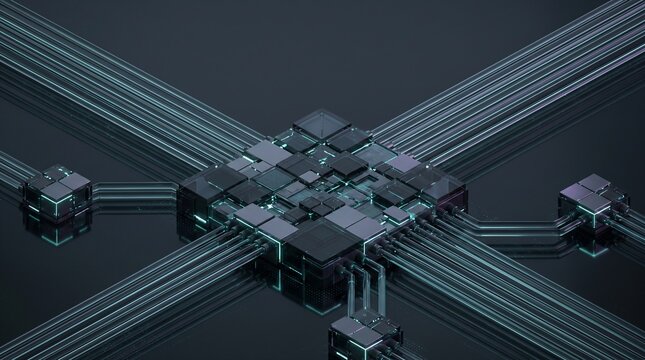 Overhead microchip array layout artificial intelligence processor chip with multi lane optical busways and perimeter nodes on reflective floor in dark futuristic digital cybernetic background