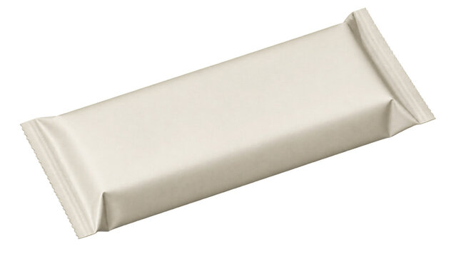 Unbranded white flow wrap packet with crimped sealed ends, shown at an angle as an isolated packaging mockup on a transparent background for product labeling.