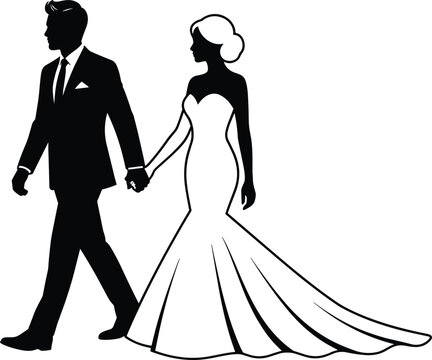 Elegant newlywed bride and groom holding hands while walking together in wedding dress and formal suit vector