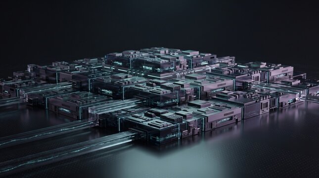 Terraced modular server platform artificial intelligence supercomputer array with stepped obsidian tiles and illuminated optical conduits on dark reflective cybernetic digital background
