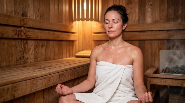Meditating Woman Close-Up in Wooden Sauna