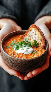 Warm lentil soup in a bowl topped with cream and parsley, served with crusty bread, held by hands.