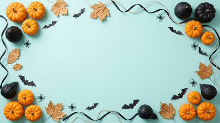 Fototapeta premium Autumn Halloween Border with Pumpkins, Bats, Leaves on Blue Background