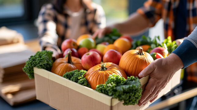 Waist level view of volunteers exchanging a Thanksgiving food box filled with pumpkins and fresh fruit heads above the upper crop while hands support the box from opposite