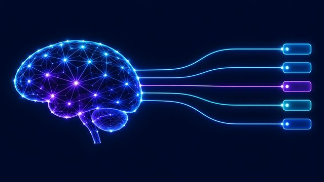 Polygonal wireframe brain connected to five digital output nodes via glowing pathways representing machine learning classification and neural logic