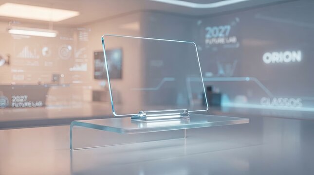 A futuristic, transparent display screen in a laboratory setting.