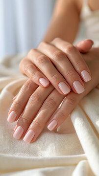 Cropped beauty view of a woman's hands displaying a fresh manicure in soft daylight beside a window neatly shaped pale pink nails catching broad luminous reflections as fingers