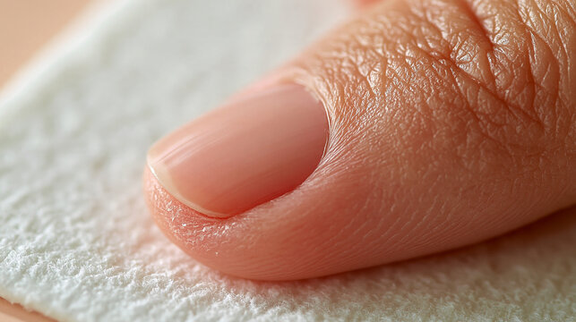 Macro side view of a fingertip with dry cuticle contours and rough slightly uneven skin around the nail fold small superficial flakes visible beside a natural nail plate the
