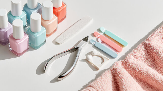 Flat lay of professional pedicure tools with a small collection of plain nail polish bottles on a clean white background stainless steel clippers and cuticle nippers arranged