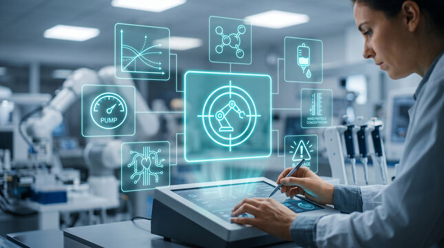 A female bio automation engineer using a stylus on a high-tech control panel with holographic medical interfaces for nano-medicine delivery in a modern laboratory