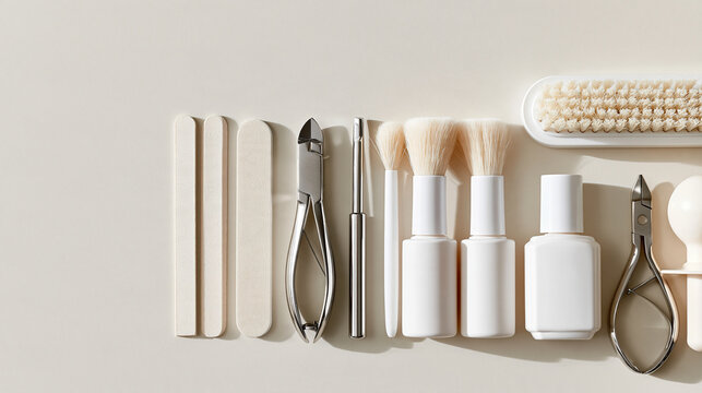 Detailed flat lay collection of manicure tools arranged in tidy parallel groups pale emery boards and stainless steel clippers beside soft nail brushes and plain polish bottles
