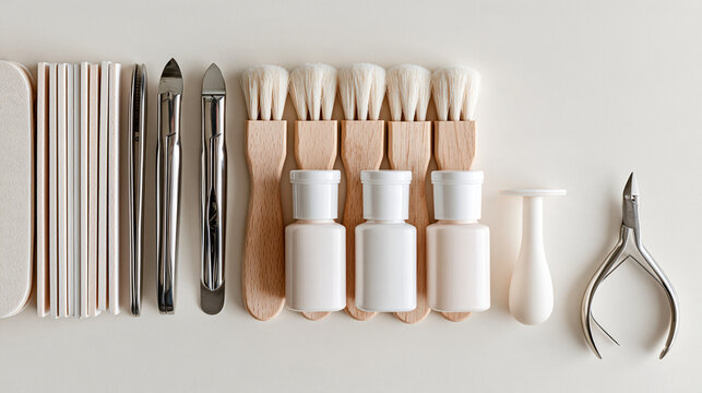 Detailed flat lay collection of manicure tools arranged in tidy parallel groups pale emery boards and stainless steel clippers beside soft nail brushes and plain polish bottles