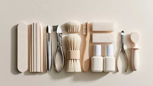 Detailed flat lay collection of manicure tools arranged in tidy parallel groups pale emery boards and stainless steel clippers beside soft nail brushes and plain polish bottles