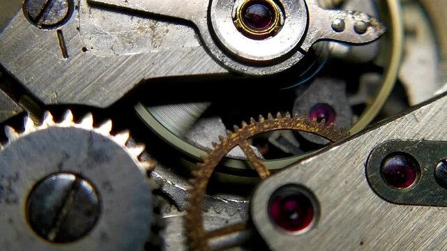 Macro Horizontal Shot of Watch Movement Mechanism with Ruby Jewels