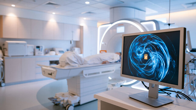 Wide view of a bright magnetic resonance imaging room during a cybersecurity status review a patient's covered lower body visible on the scanner bed while a large foreground