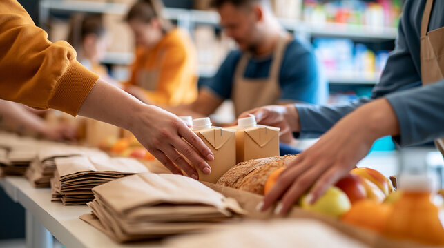 Medium high angle view of young volunteers packing food and drinks into paper bags for a housing support charity composition framed below the shoulders with hands placing plain