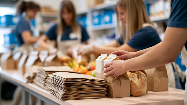 Medium high angle view of young volunteers packing food and drinks into paper bags for a housing support charity composition framed below the shoulders with hands placing plain