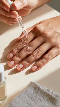 Overhead beauty view of women's hands applying cuticle oil with a glass pipette fingers gently fanned across a clean cream tabletop while a transparent droplet forms above the