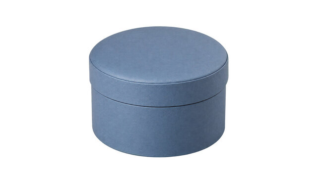 Closed round blue velvet storage box with a fitted lid, shown from a slightly elevated front view. The cylindrical container has a soft textured surface and simple form.