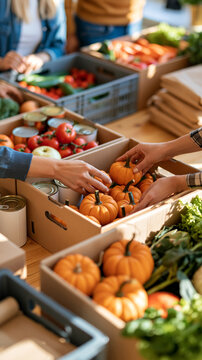 Elevated medium view of a volunteer team packing cardboard boxes with fresh autumn harvest on a wooden table hands arranging small pumpkins beside plain canned goods and healthy