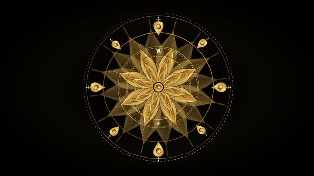 Golden Mandala Ornament Rotating With Geometric Circles On Black Background