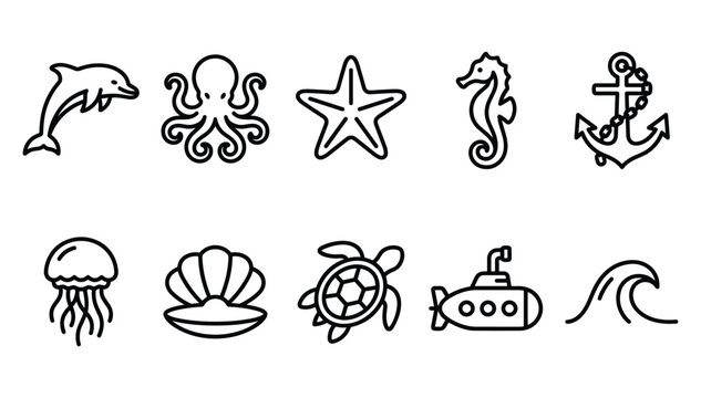 Minimalist black outline sea life icons set representing marine animals ocean wildlife and nautical navigation elements