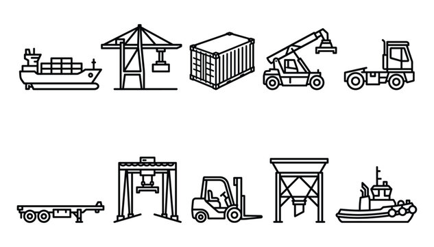 Minimalist black outline seaport logistics and container terminal icon set featuring heavy machinery marine shipping symbols