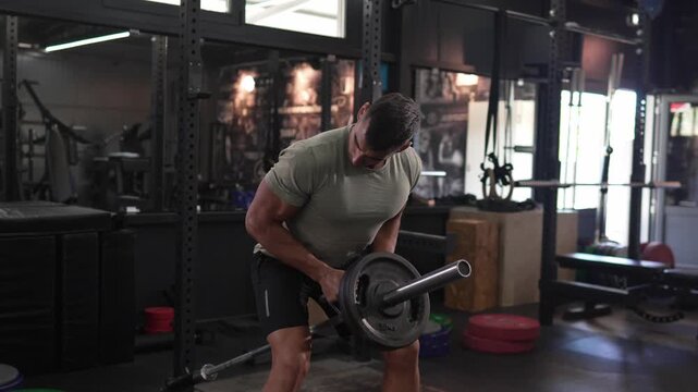 Muscular man performing barbell t-bar rows in a gym