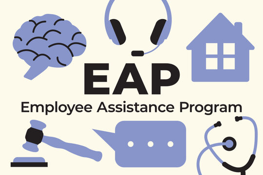 EAP Employee Assistance Program concept with icons for mental health, counseling, family support, healthcare and legal assistance for employees - vector illustration