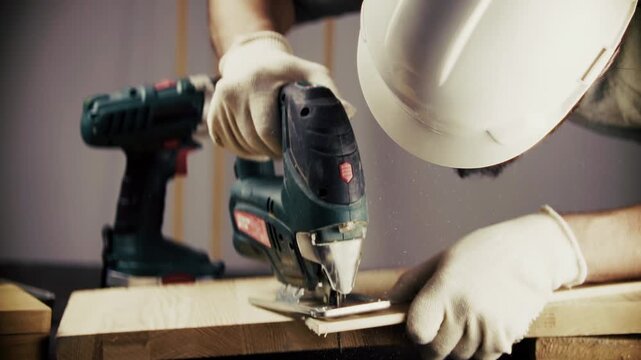 Carpenter Cutting Wood Board With Electric Jigsaw Tool In Workshop.  Power Tool Equipment Carpentry. Woodworking